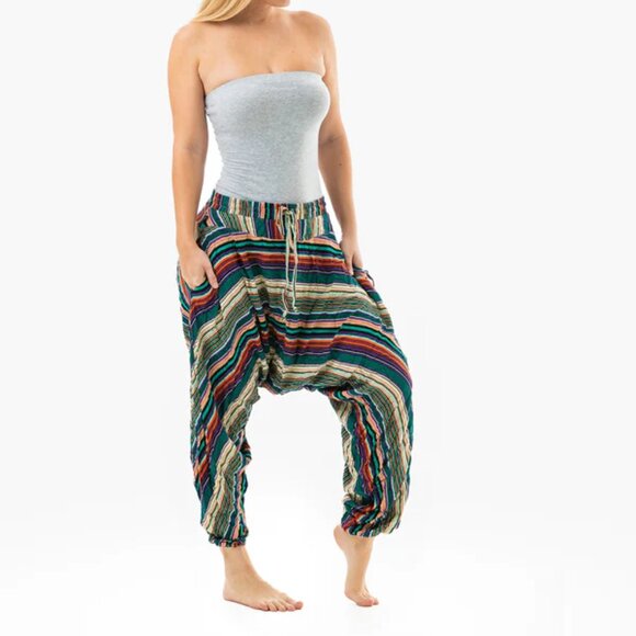 Buddha Pants Unisex Drawstring Boho Hippie Stripe Savannah Harem Pants Green - Picture 5 of 15